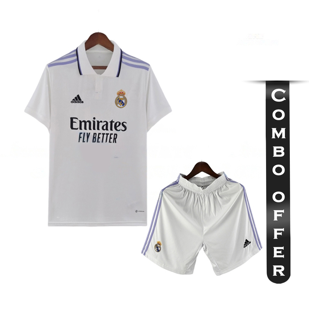 Combo of Real Madrid Mesh Cotton Short Sleeve Home Jersey and Short Pant - White - Real H2
