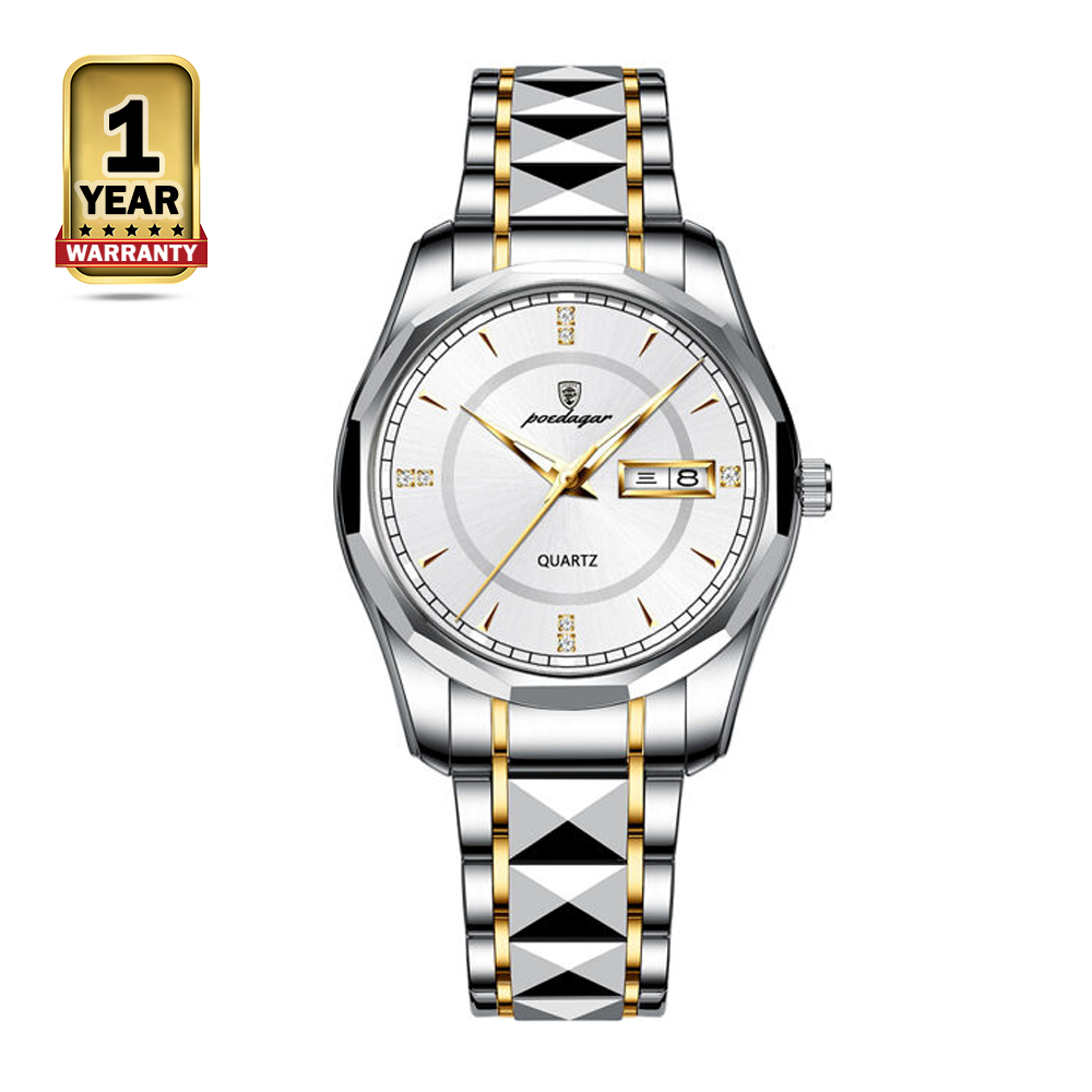 Poedagar 980 Stainless Steel Waterproof Watch For Men  - Gold White