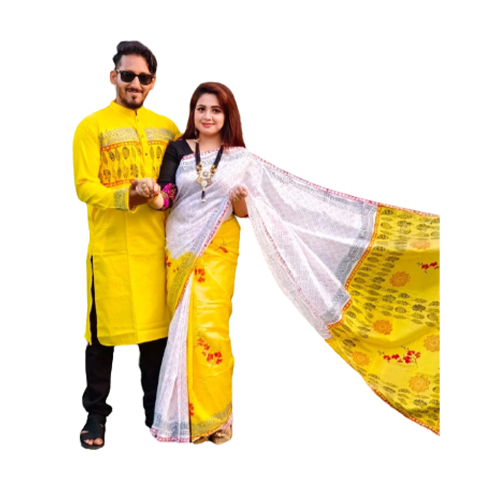 Hand Print Half Silk Saree And Silk Cotton Panjabi For Couple - CS-51 - Yellow