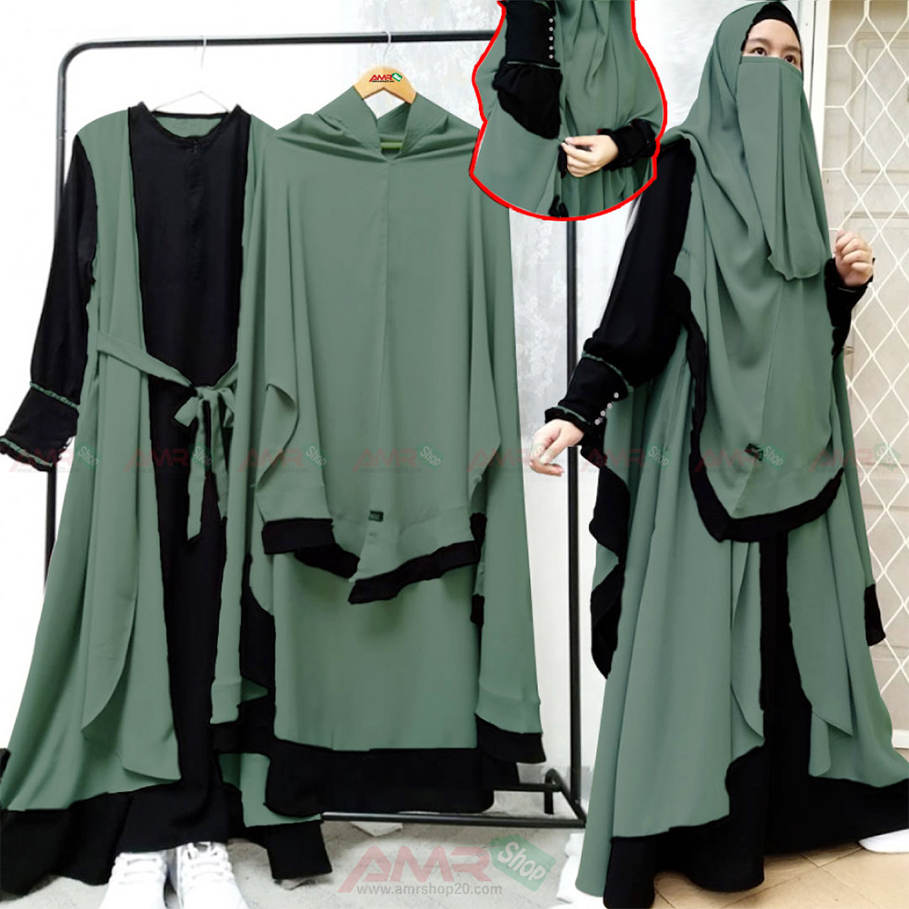 Dubai Cherry Indonesia Hijab and Niqab Burkha Set for Women - Deep Green - B_449