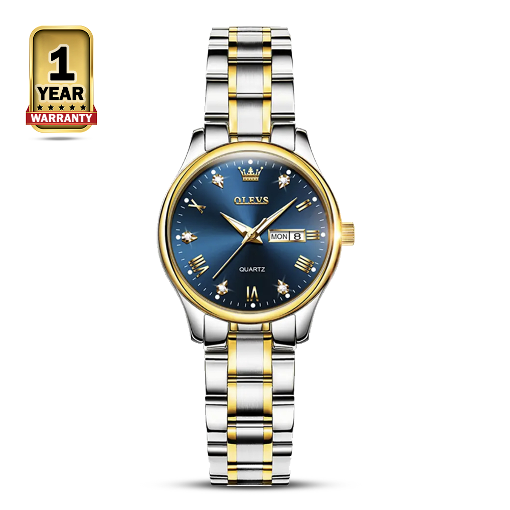Olevs 5563 Stainless Steel Waterproof Quartz Wrist Watch For Women - Blue and Golden Silver