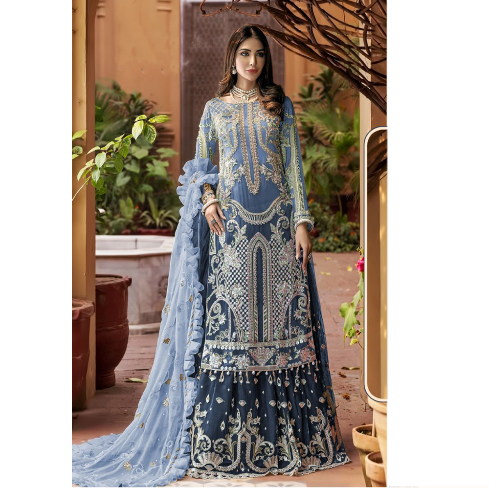 Unstitched Embroidery Net Party Wear Suit 4Pcs For Women -	Light Blue - DN 2037 C