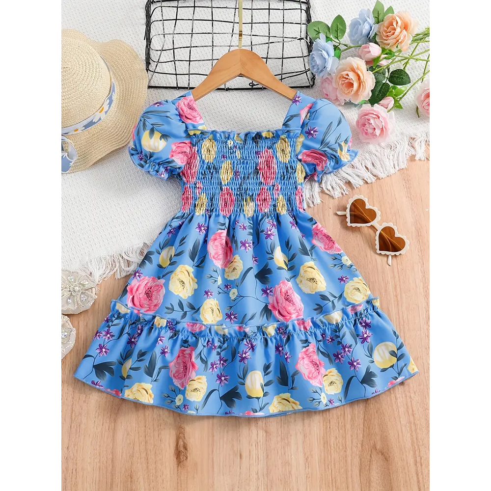 Linen Digital Print Long Gown Dress For Baby Girls - Blue - 1745