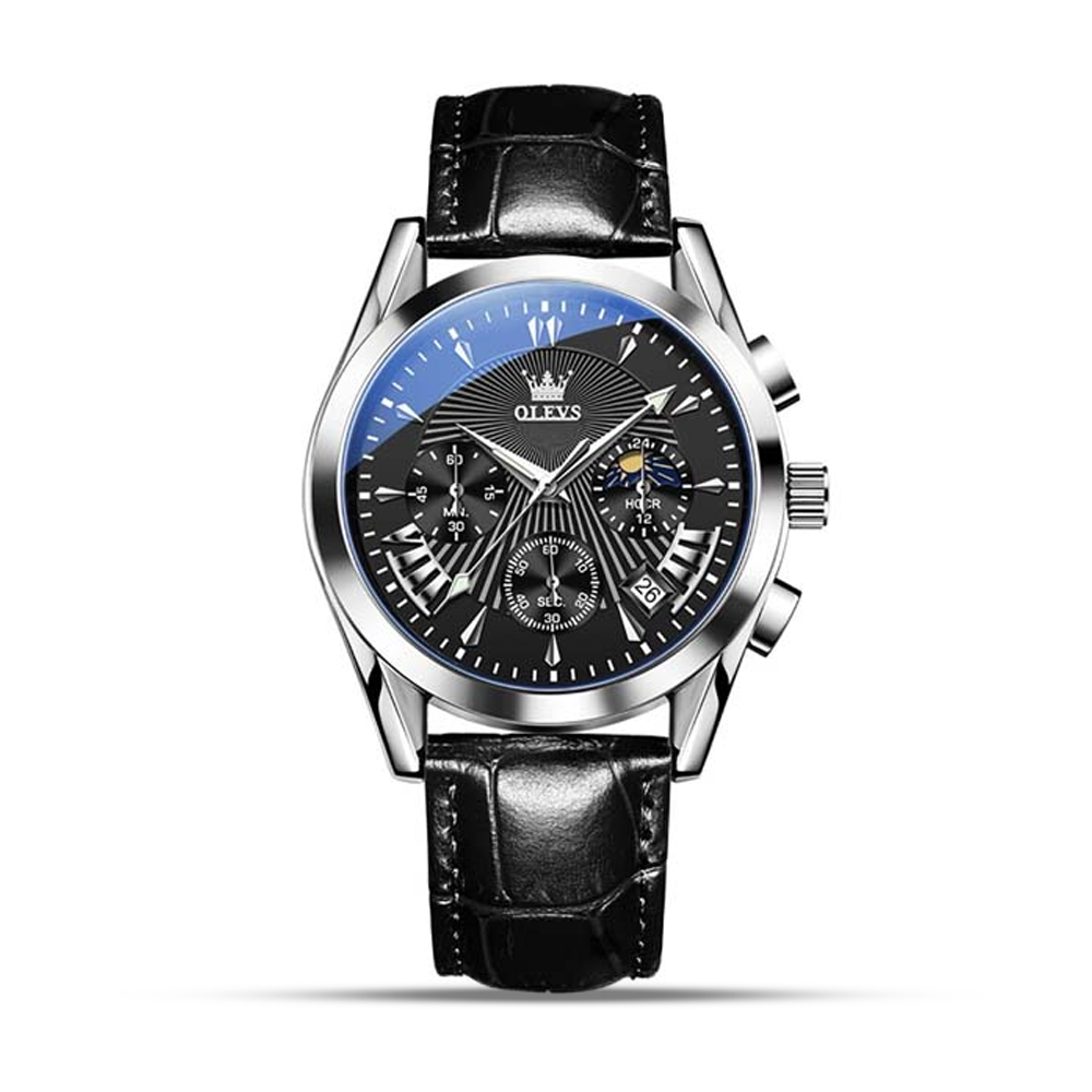 Olevs 2876 PU Leather Wrist Watch for Men - Black