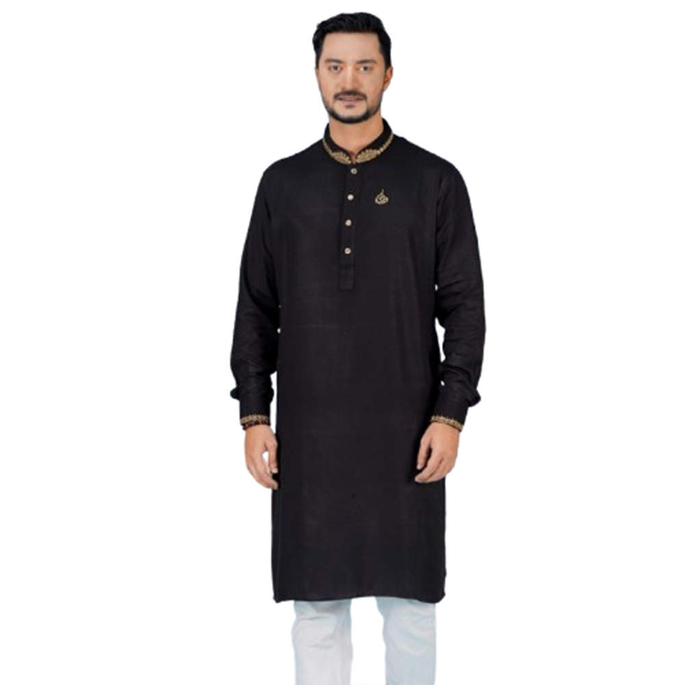 Cotton Embroidery Semi Long Panjabi For Men - Black - PM-34