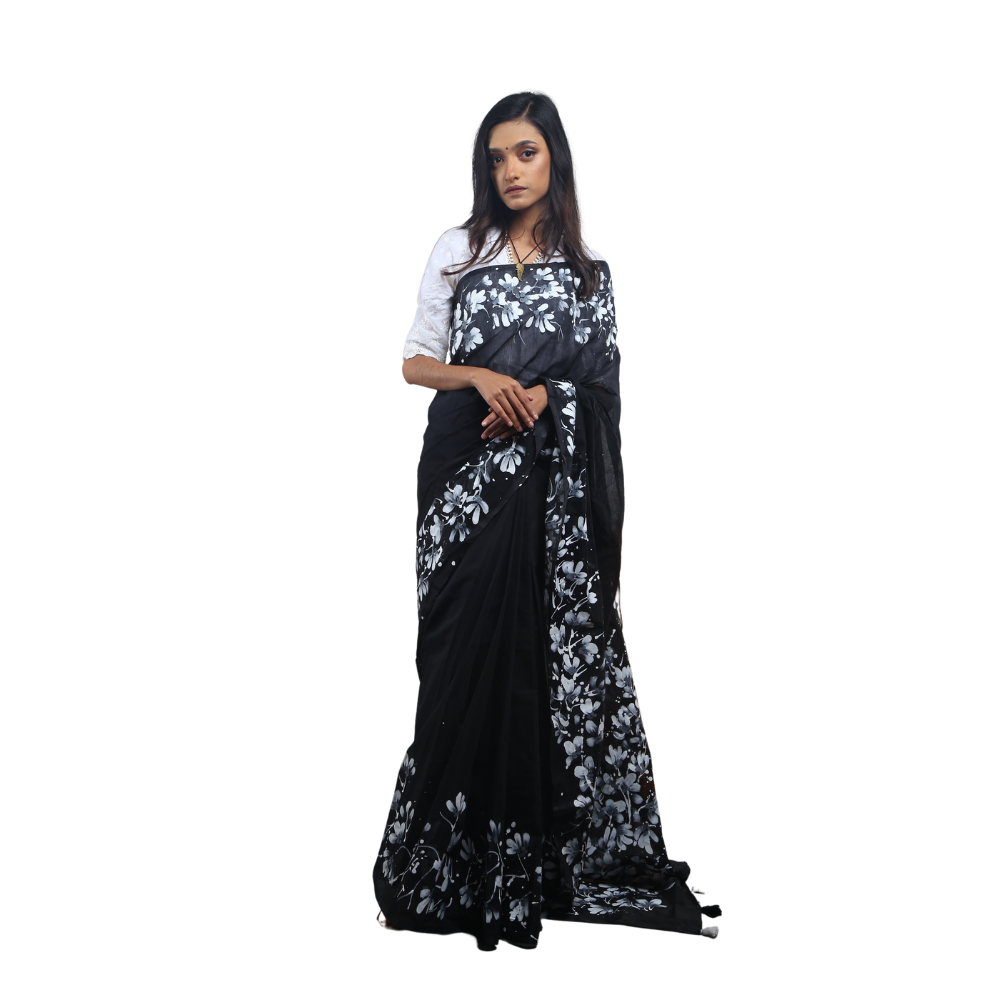 Hand Print Silk Cotton Saree For Women - Black - SC35