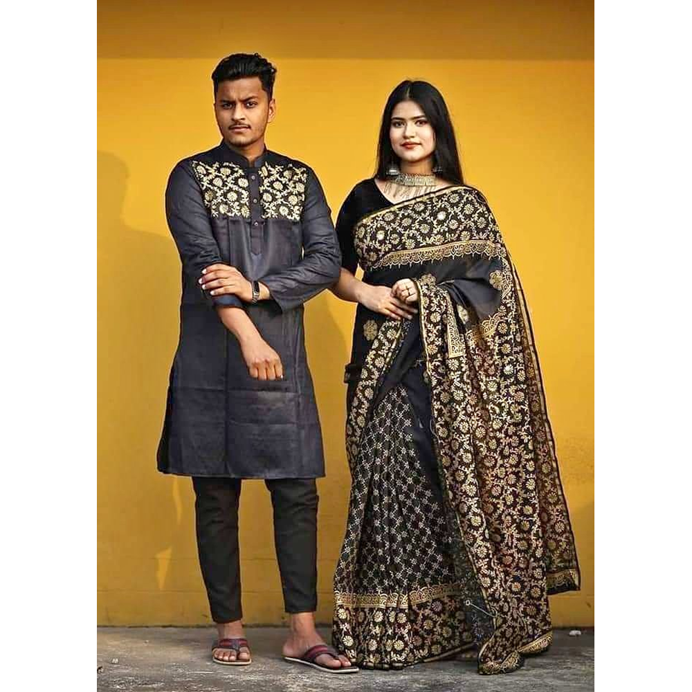 Half Silk Block Print Saree and Dhupian Cotton Panjabi Couple Set - Multicolor - 327