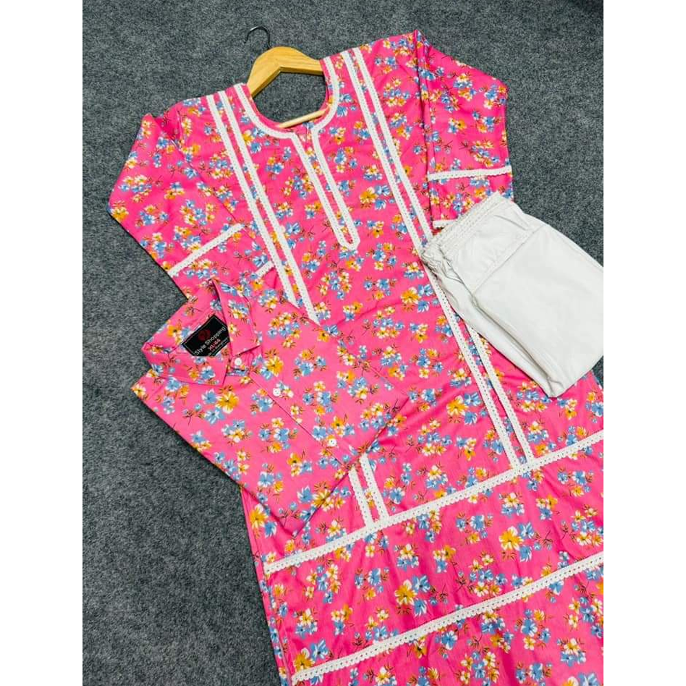 Couple Set - Kameez + Pajama + Mens Shirt - Pink - 7546