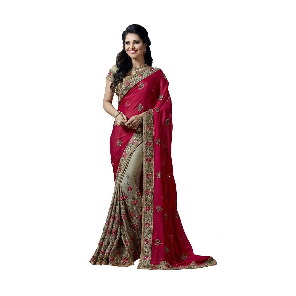 Embroidery Work Weightless Georgette Saree With Blouse For Women - Maroon and Ash