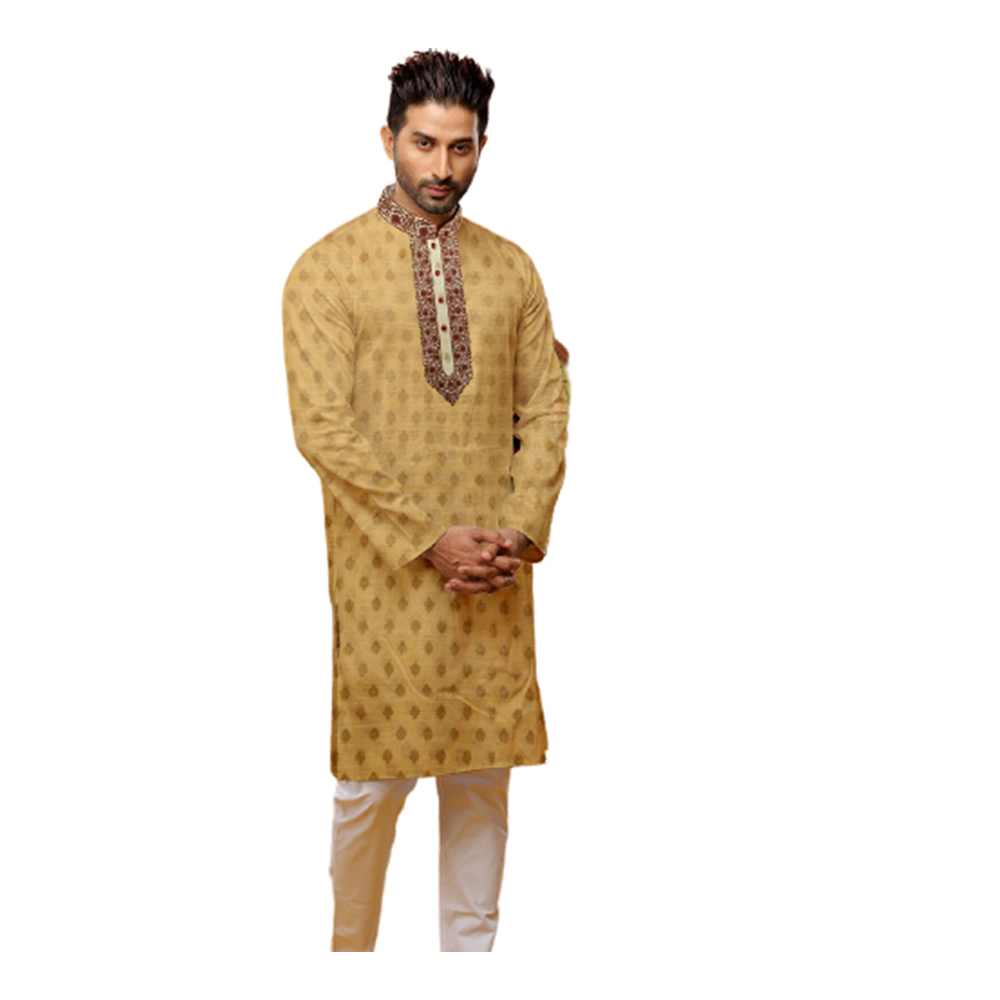 Embroidery Semi Long Panjabi For Men - Golden - PS-27