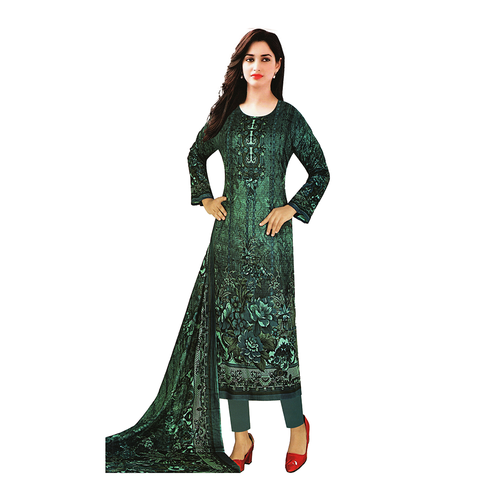 Unstitched Swiss Cotton Screen Printed Salwar Kameez For Women - Dark Green - 8296.1