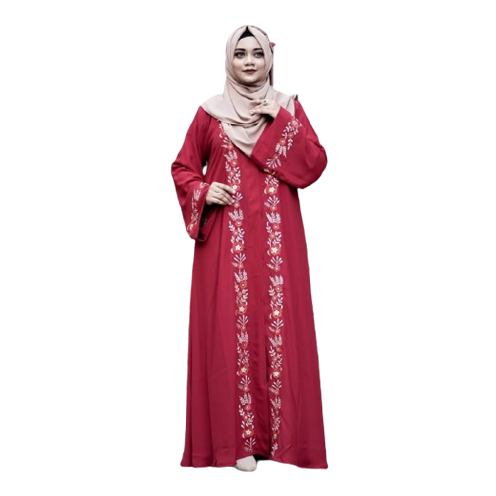 Dubai Cherry Embroidered Marjiya Borkha With Hijab - Red