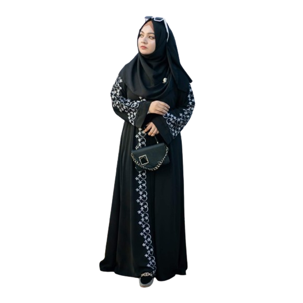 Dubai Cherry Embroidered Lota Borkha With Hijab - Black