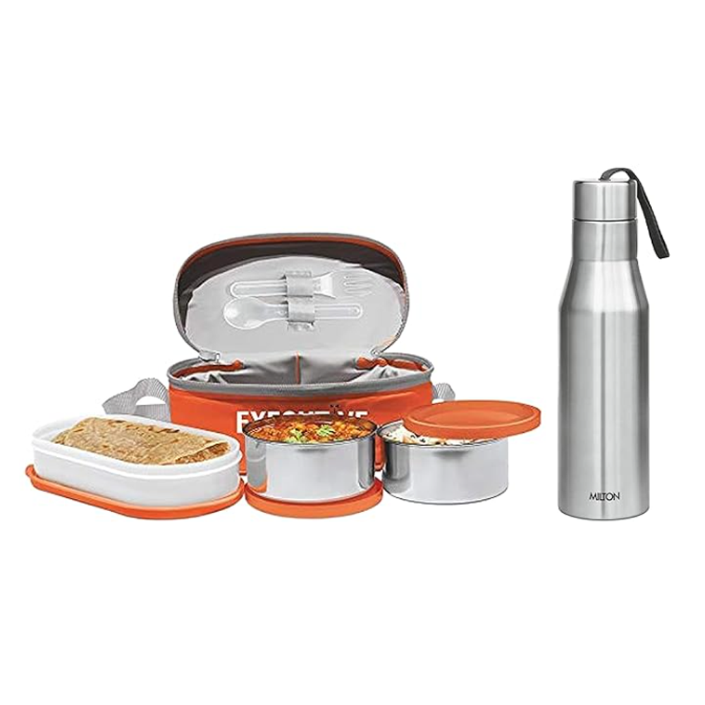 Buy Milton Executive Stainless Steel Lunch Box - Orange With Single Wall Stainless Steel Water Bottle - 1000 ml - Silver Free