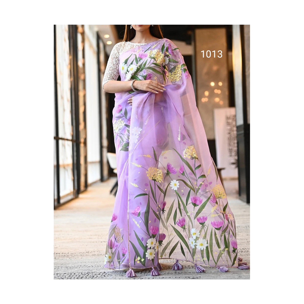 Hand Printed Half Silk Saree For Women - Multicolor - BAN133