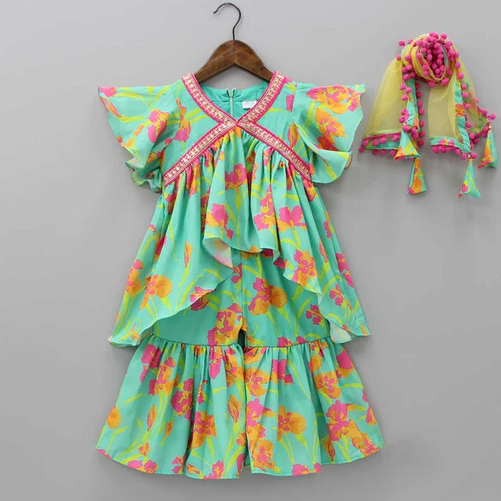 Linen Digital Print Baby Sharara Party Dress for Girls - Light Green - 1904