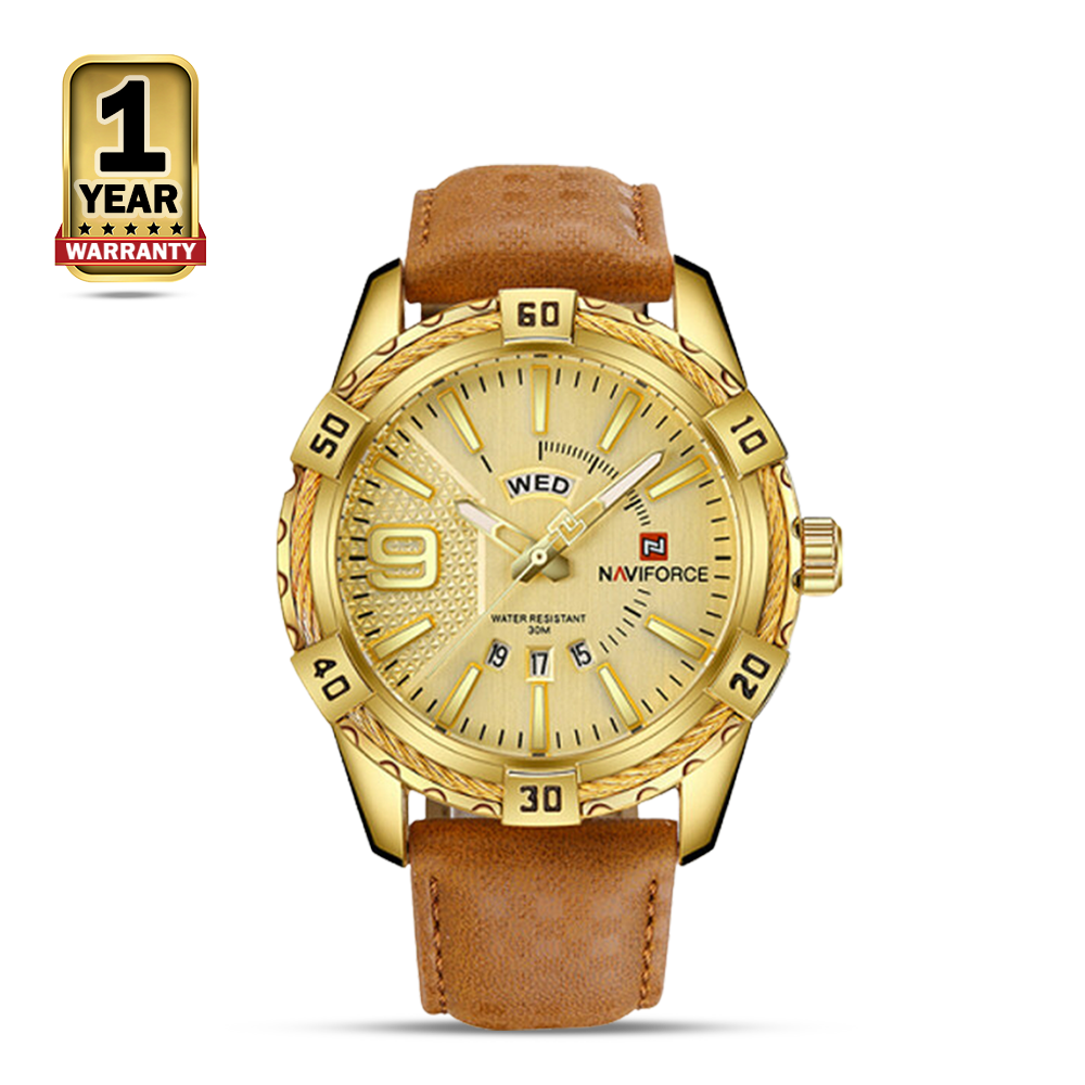 NAVIFORCE NF9117 PU Leather Analog Watch for Men - Golden & Brown