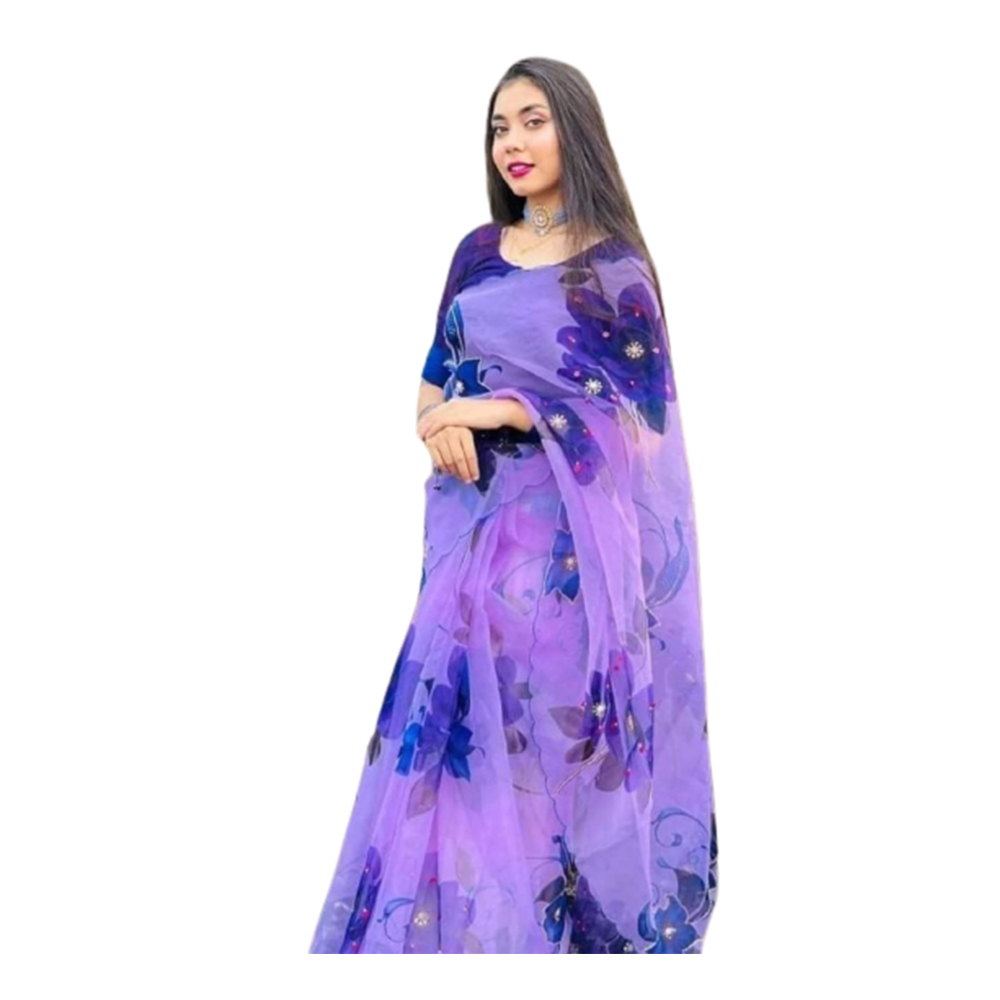 Half Silk Hand Print Saree For Women - Purple - SP-98