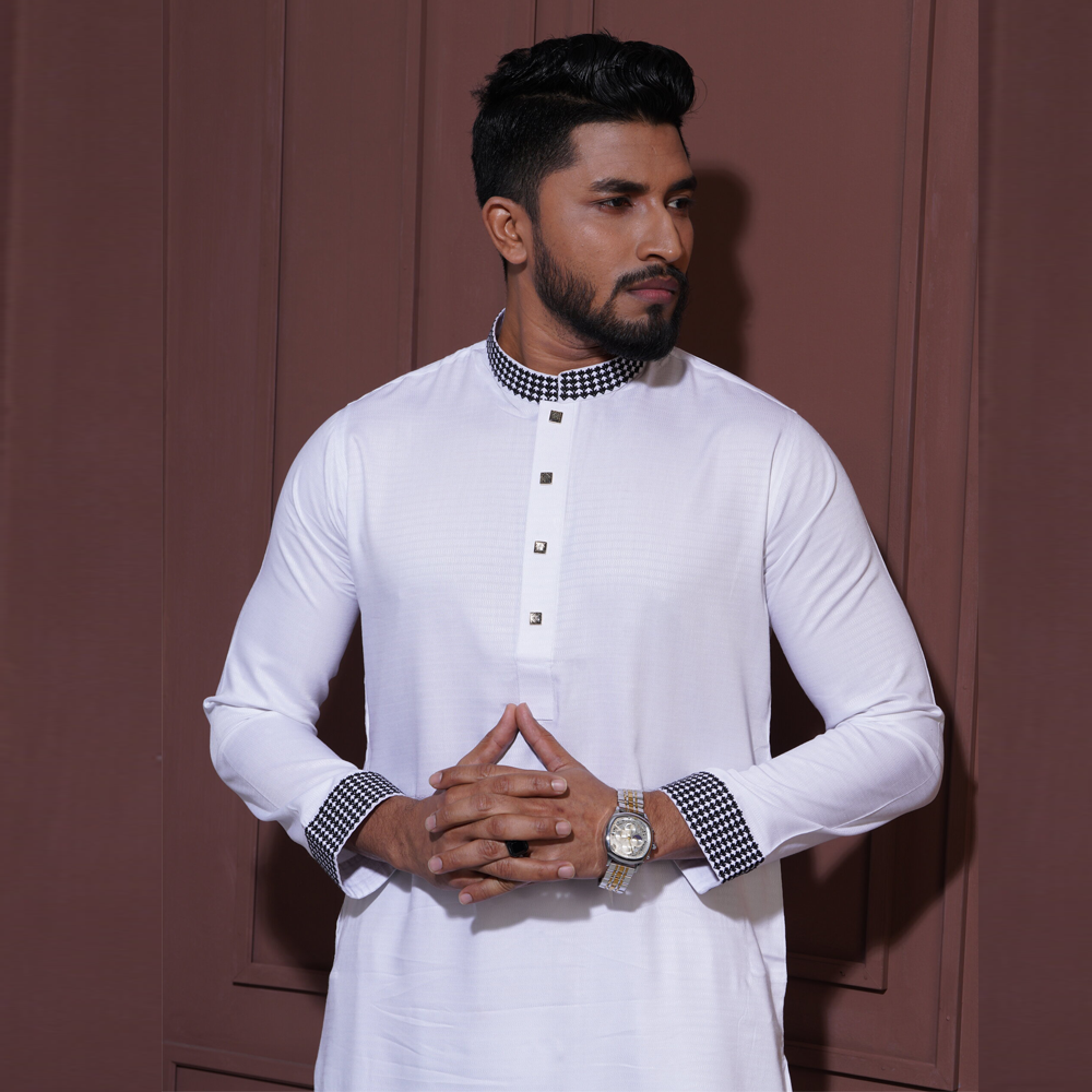 Aman Cotton Embroidery Panjabi for Men - White - P3