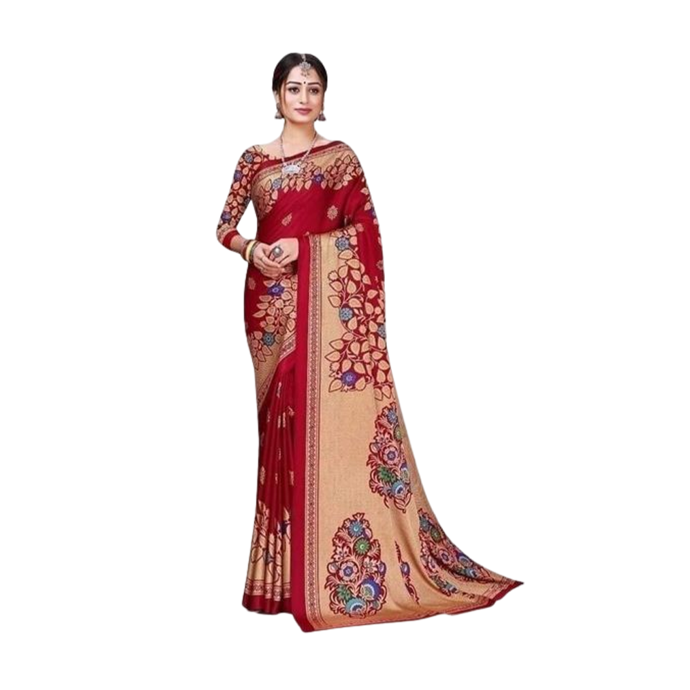 Soft Silk Digital 3D Printed Saree With Blouse Piece - Red - SS-P32