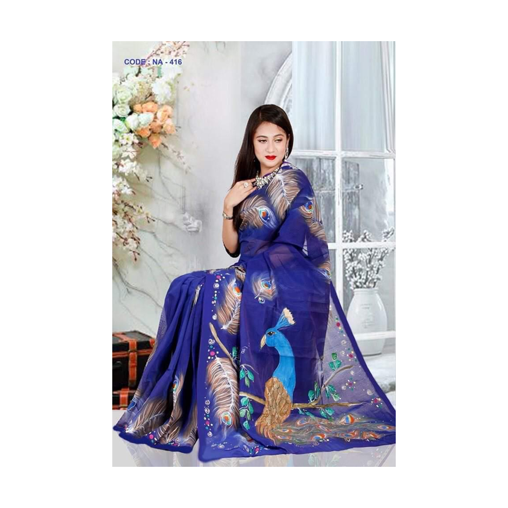 Hand Printed Half Silk Saree For Women - Multicolor - BAN123