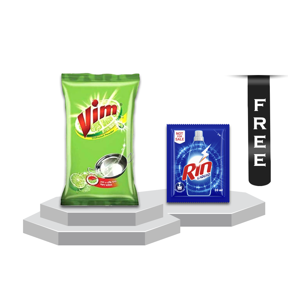 Vim Dishwashing Powder 500gm with Rin Liquid 35ml Free