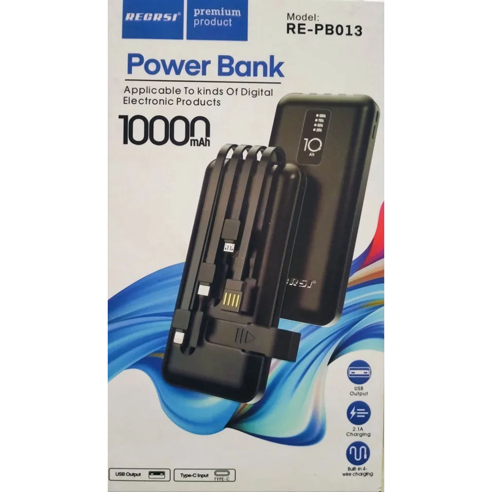 RECRSI RE-PB013 Built in 4 Wire Charging Power Bank - 10000mAh - Black