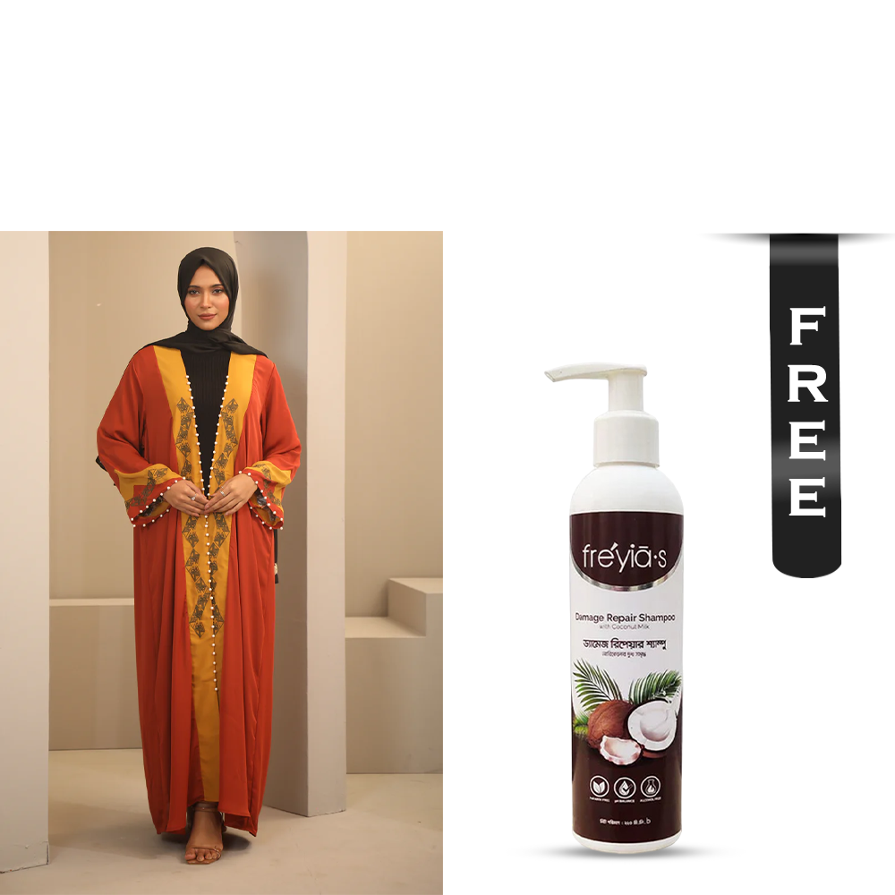 Buy Hiba Solid Fabric Abaya for Women - 0224 000261 - Golden Gate Orange and Get Freyias Damage Repair Shampoo with Coconut Milk - 220ml Free