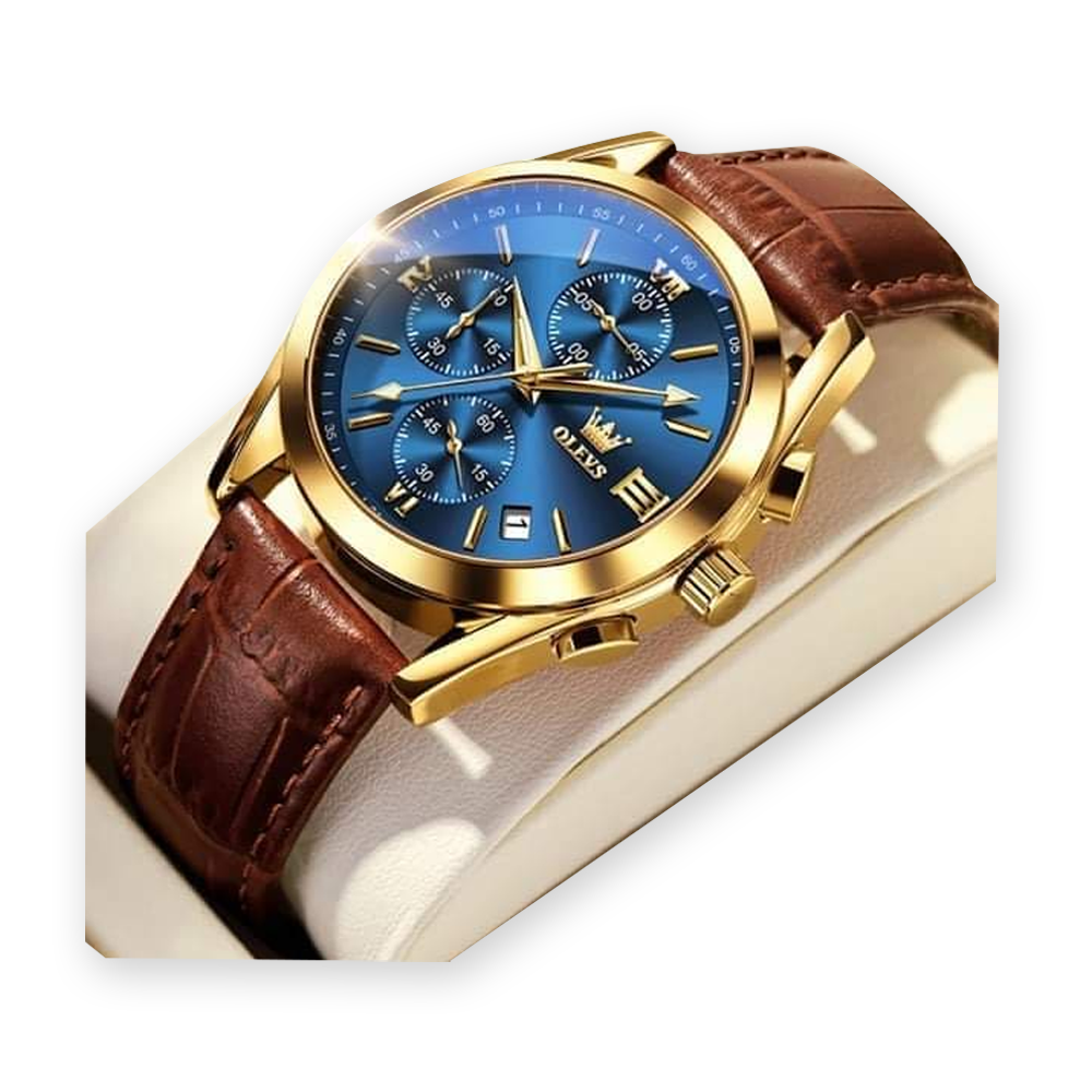 Olevs 2872 Leather Chronograph Wrist Watch For Men - Blue and Brown