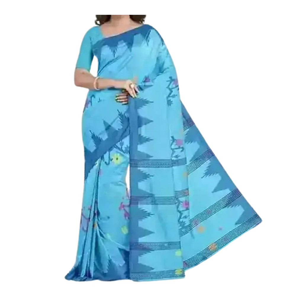 Half Silk Cotton Printed Monipuri Saree For Women - Sky Blue - SP-H10