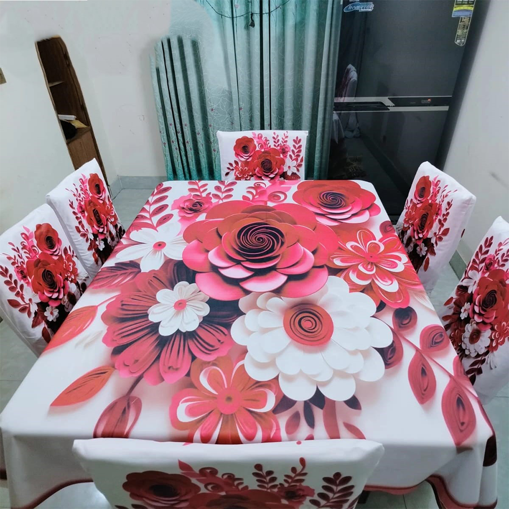 Korean Velvet 3D Print Dining Table Cloth and Chair Cover Set 7 In 1 - HS 00094