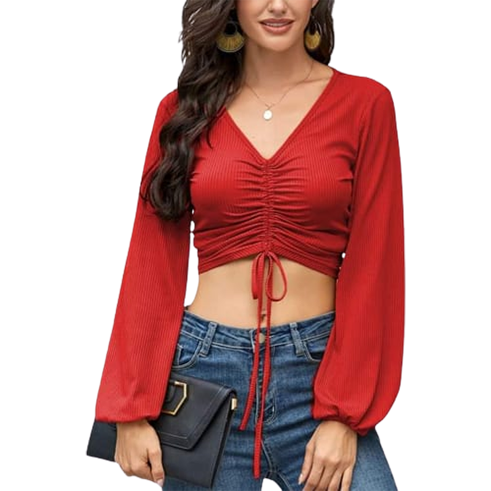 Cotton Crop Tops Full Sleeve Blouse For Women - Red - TP-19
