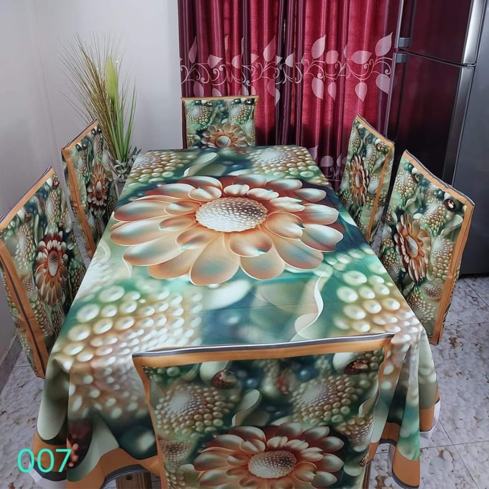 Korean Velvet 3D Print Premium Dining Table Cloth and Chair Cover Set 7 in 1 - TC-129