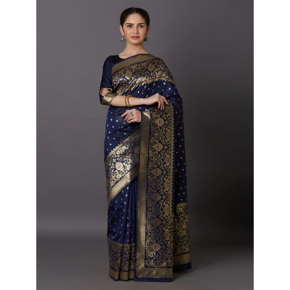 Silk Printed Gorgeous Saree With Blouse Piece For Women - Navy Blue - MN-736