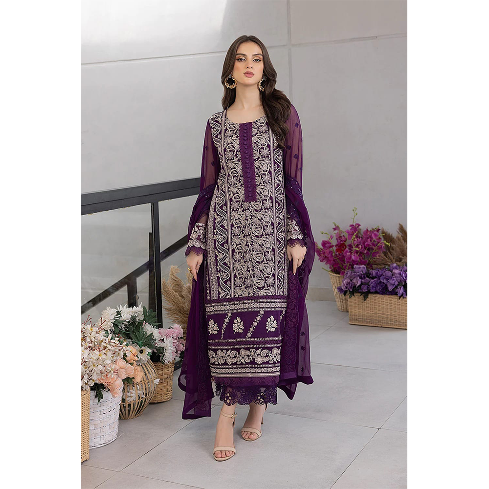 Unstitched Georgette Embroidery 4 Piece Salwar Kameez For Women - Purple - 4F-G11