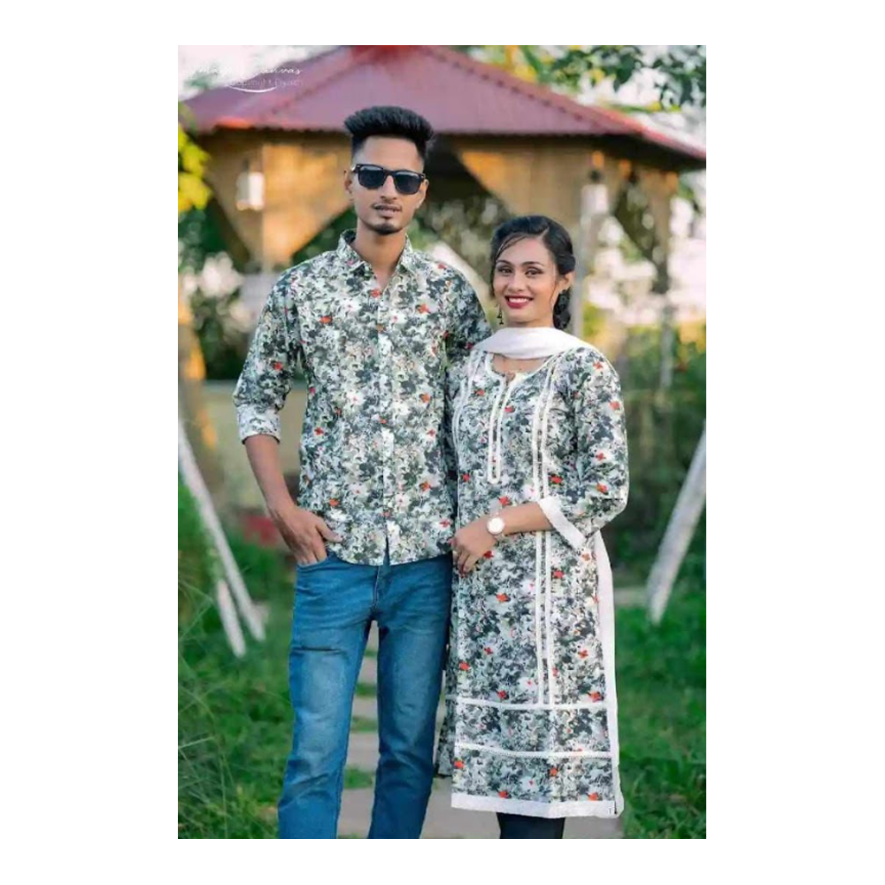 Cotton Salwar Kameez And Full Sleeve Shirt Couple Set - Green