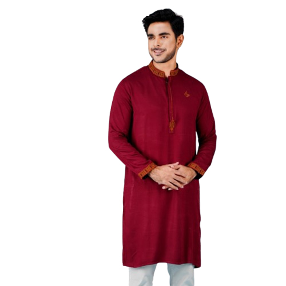 Cotton Embroidery Semi Long Panjabi For Men - Red - PM-25