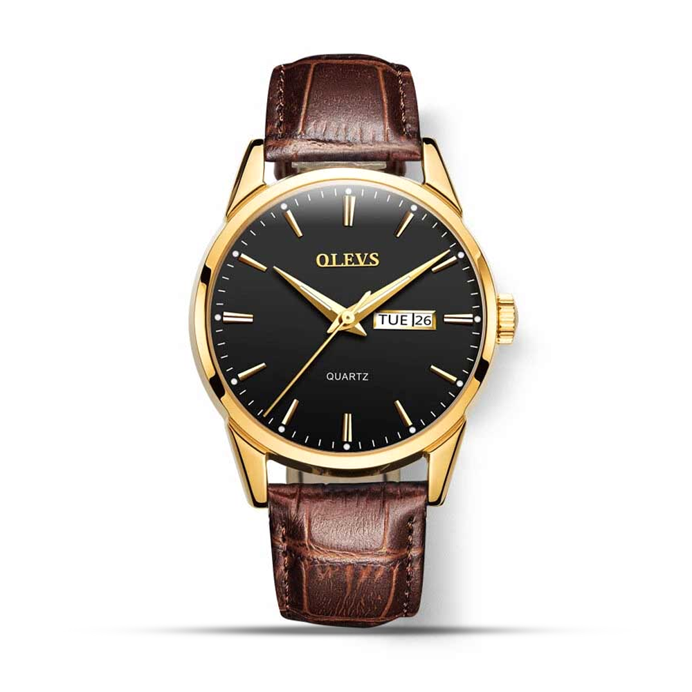 Olevs 6898 PU Leather Wrist Watch for Men - Golden Black