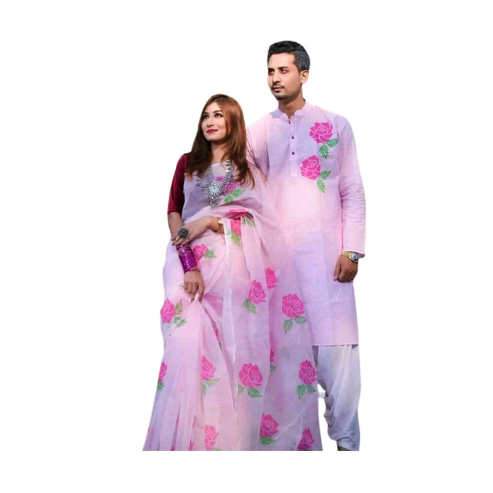 Exclusive Couple Set Saree With Panjabi - Pink - CS-B2