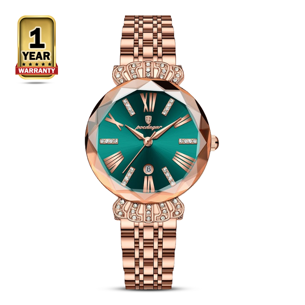 Poedagar 766 Stainless Steel Wrist Watch For Women - Rose Gold and Green