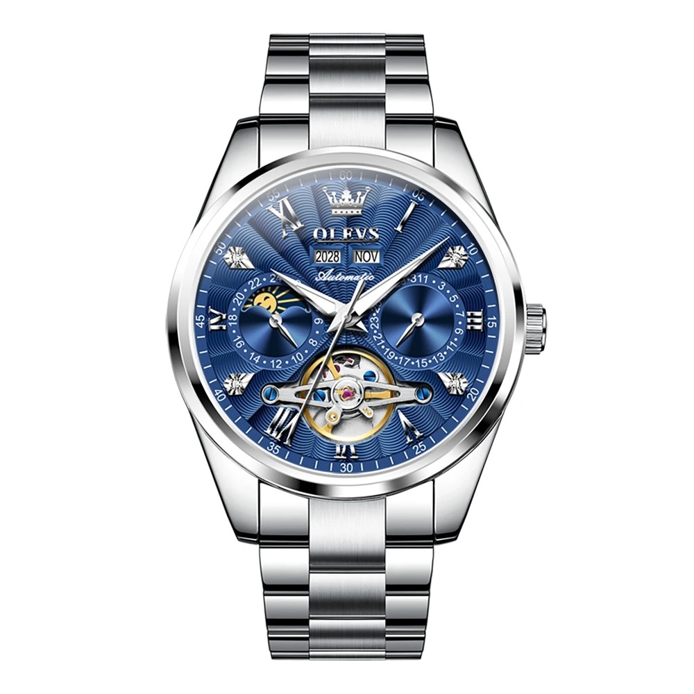 OLEVS 7028 Mens Luxury Skeleton Automatic Watch - Silver