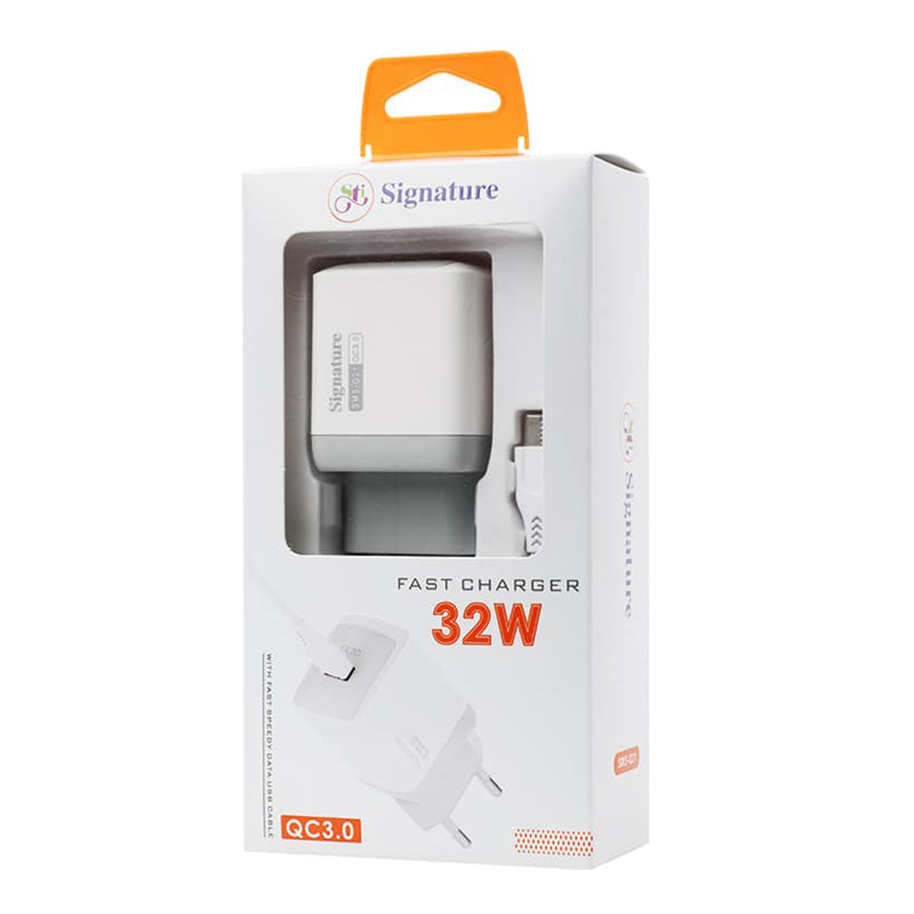 Signature SMS-Q21 Fast Charger With Fast Charging Type-C Data Cable - 32W - White