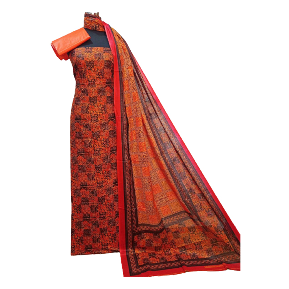 Unstitched Cotton Printed Salwar Kameez For Women - Orange - 3R-P36