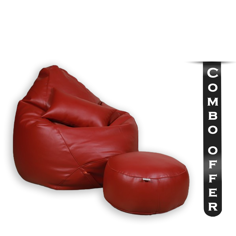 Combo of 3Pcs Leather Bean Bag - XXXL With Leg Rest and Cushion - Maroon - APL3CMR
