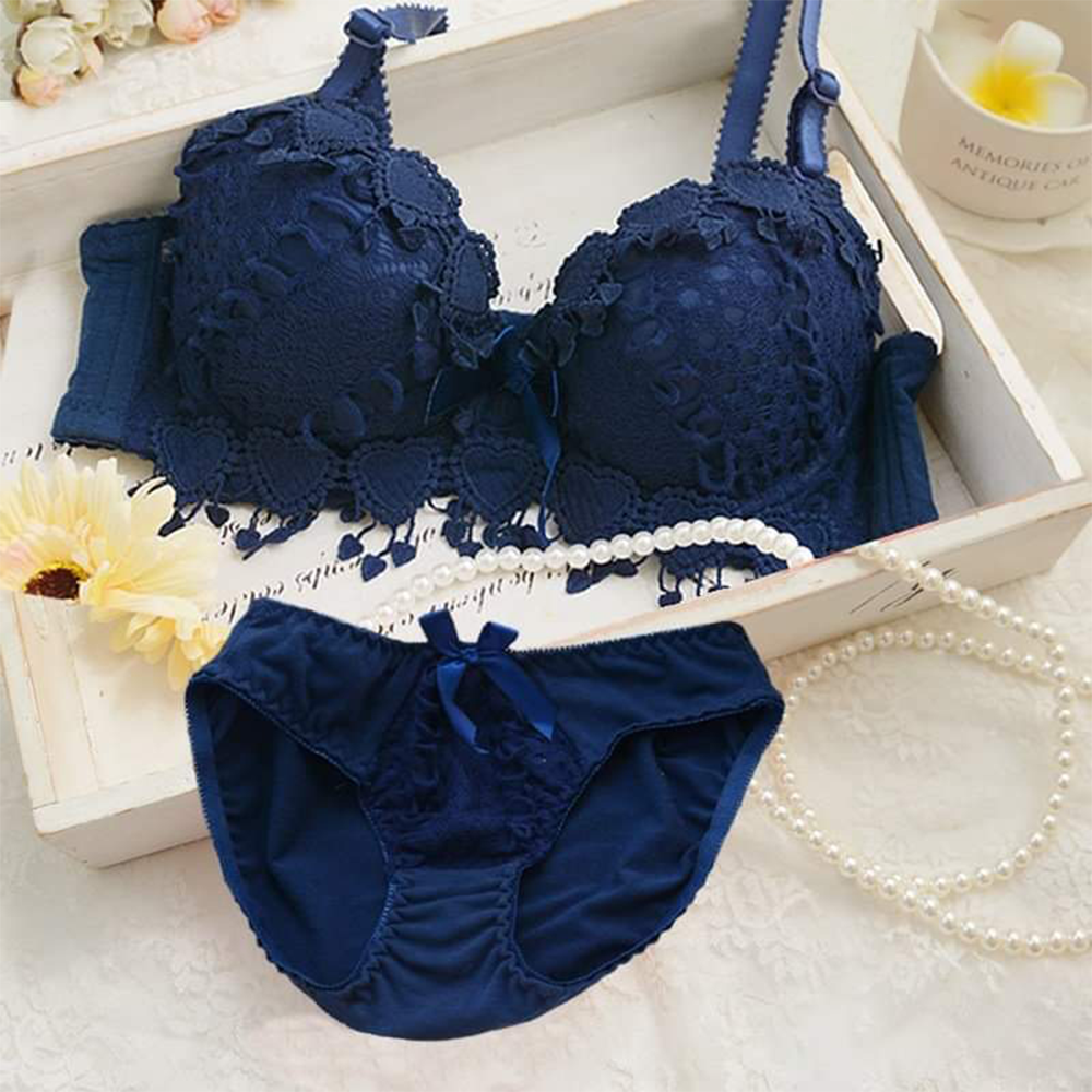 Cheap Navy Blue Underwire Embroidery Bra Set - Lace Underwear Set