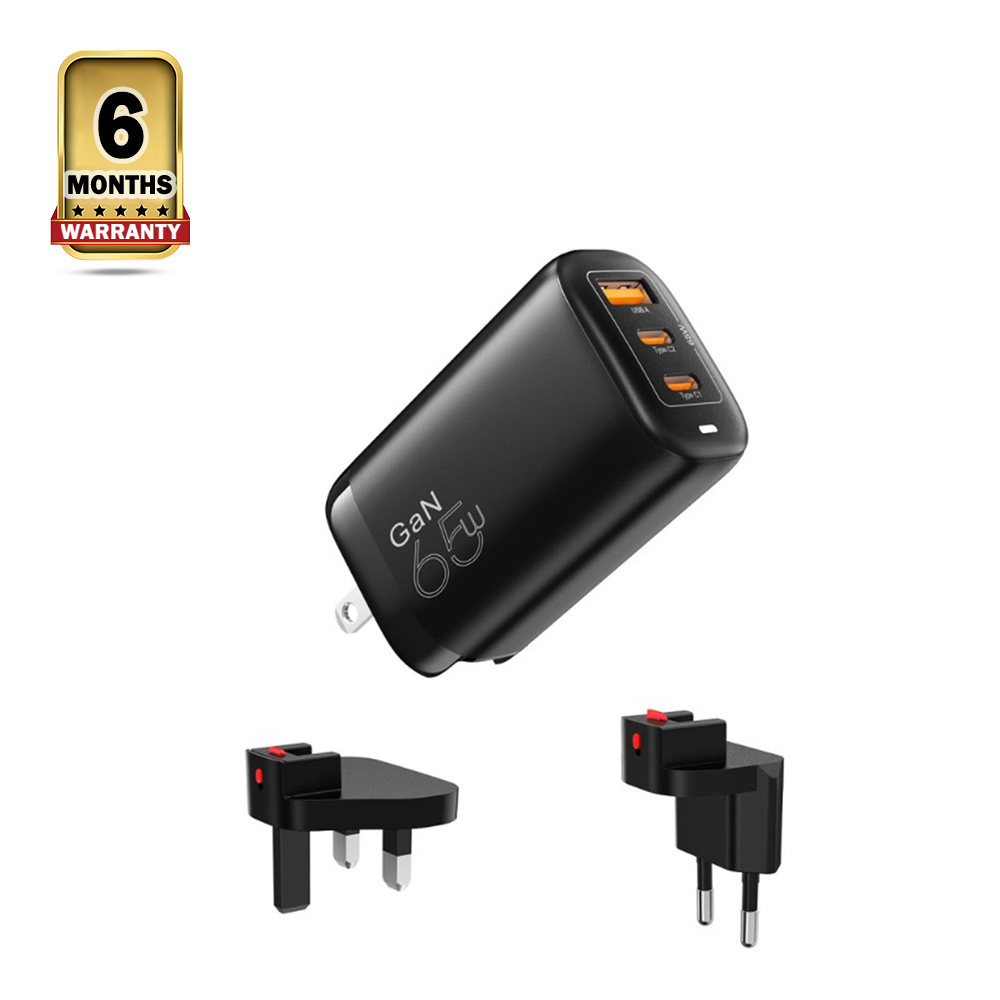 Vyvylabs GAN65FST-02 GaN 65W A+2C Fast Charger Travelling Set - US+EU+UK Plug - Black