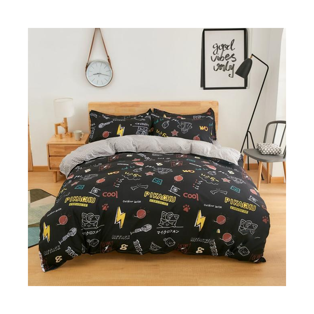  Aloe Cotton King Size Spaceship Printed Bed Sheet Cover - 4 Pcs Set - Black