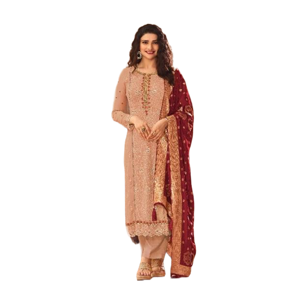 Three Pcs For Women Georgette and Butter Silk - Camel and Maroon