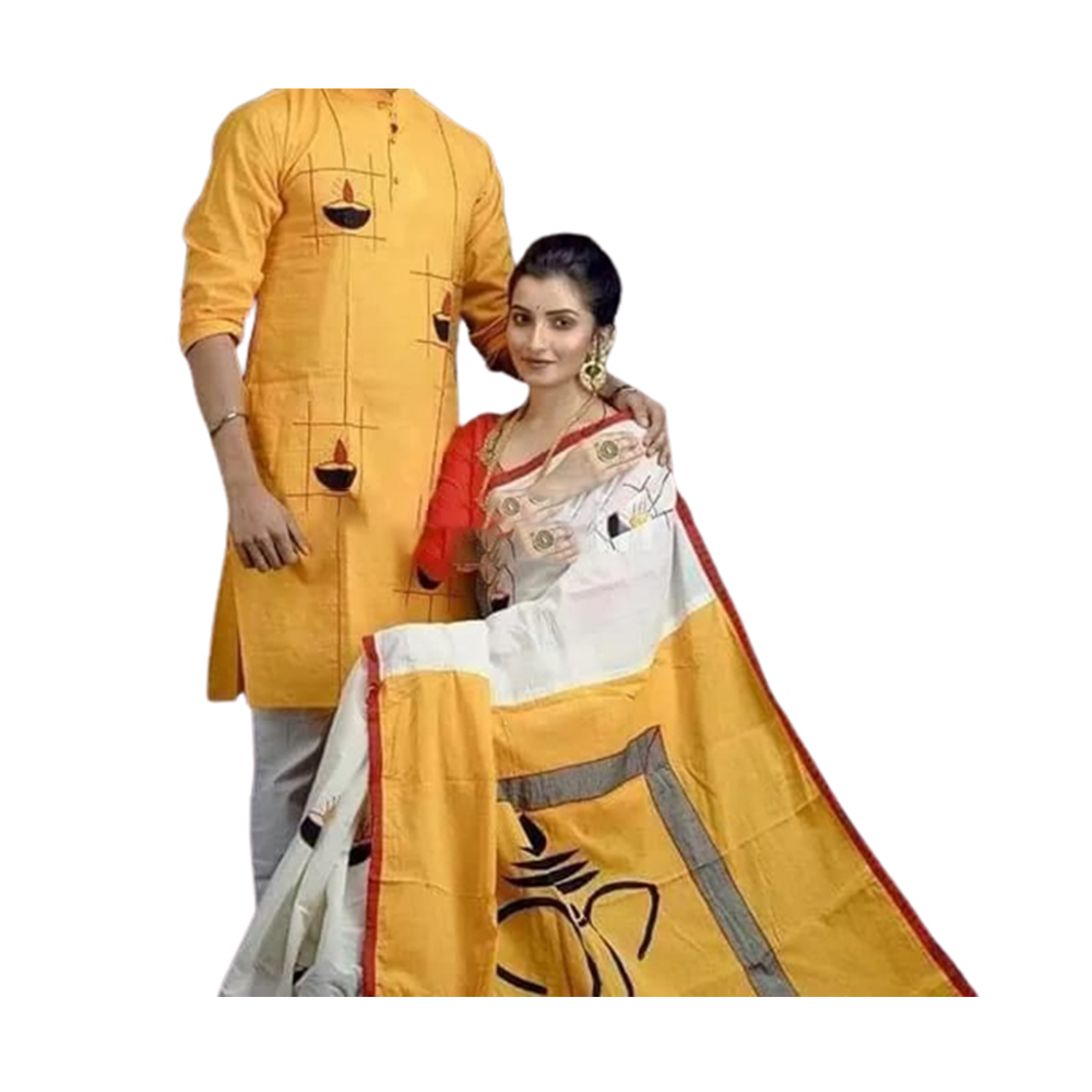 Hand Print Half Silk Saree And Silk Cotton Panjabi For Couple - CS-50 - Yellow