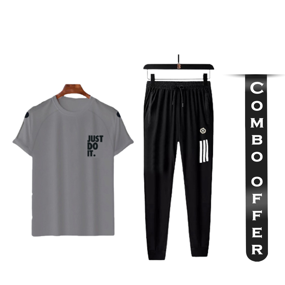 Combo of PP Jersey T-Shirt With Trouser Full Track Suit - Ash and Black - TF-62